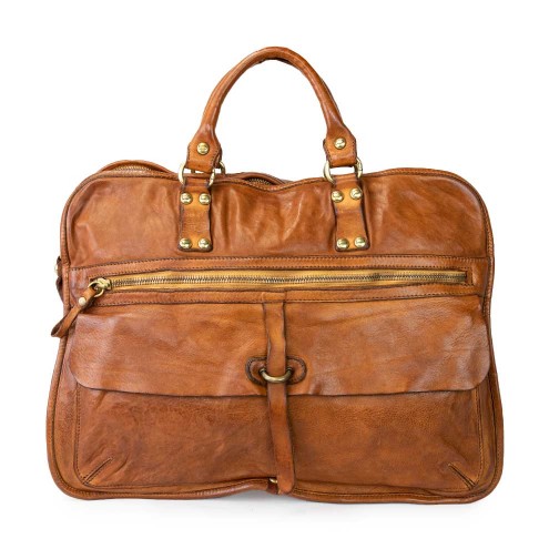 Мужской кожаный портфель в винтажном стиле из мытой кожи конъячный