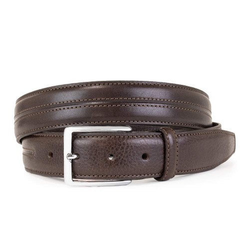 Classic Italian Belt With Stitching in Leather Dark brown