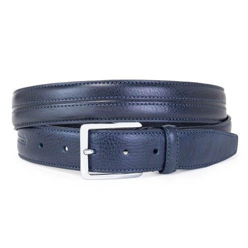 Classic Italian Belt With Stitching in Leather Navy blue