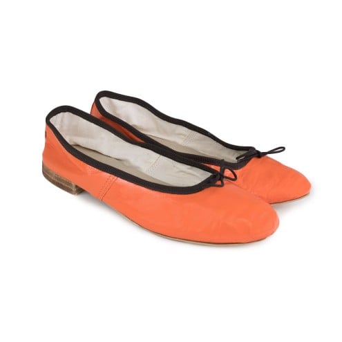 橙色配深棕边羊皮经典款芭蕾舞鞋 双层跟 24