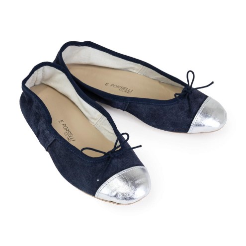 E.Porselli 深蓝色反绒羊皮配银头羊皮经典款芭蕾舞鞋