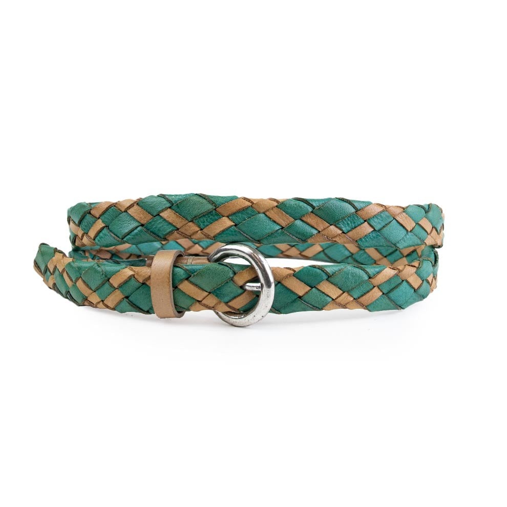 Braided Woven Leather Belt Green Tan