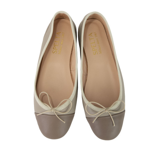Ballet Flats - Beige Nappa with Taupe Round Toe 