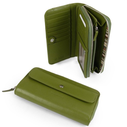 Кожаный кошелек на молнии оливковый зеленый