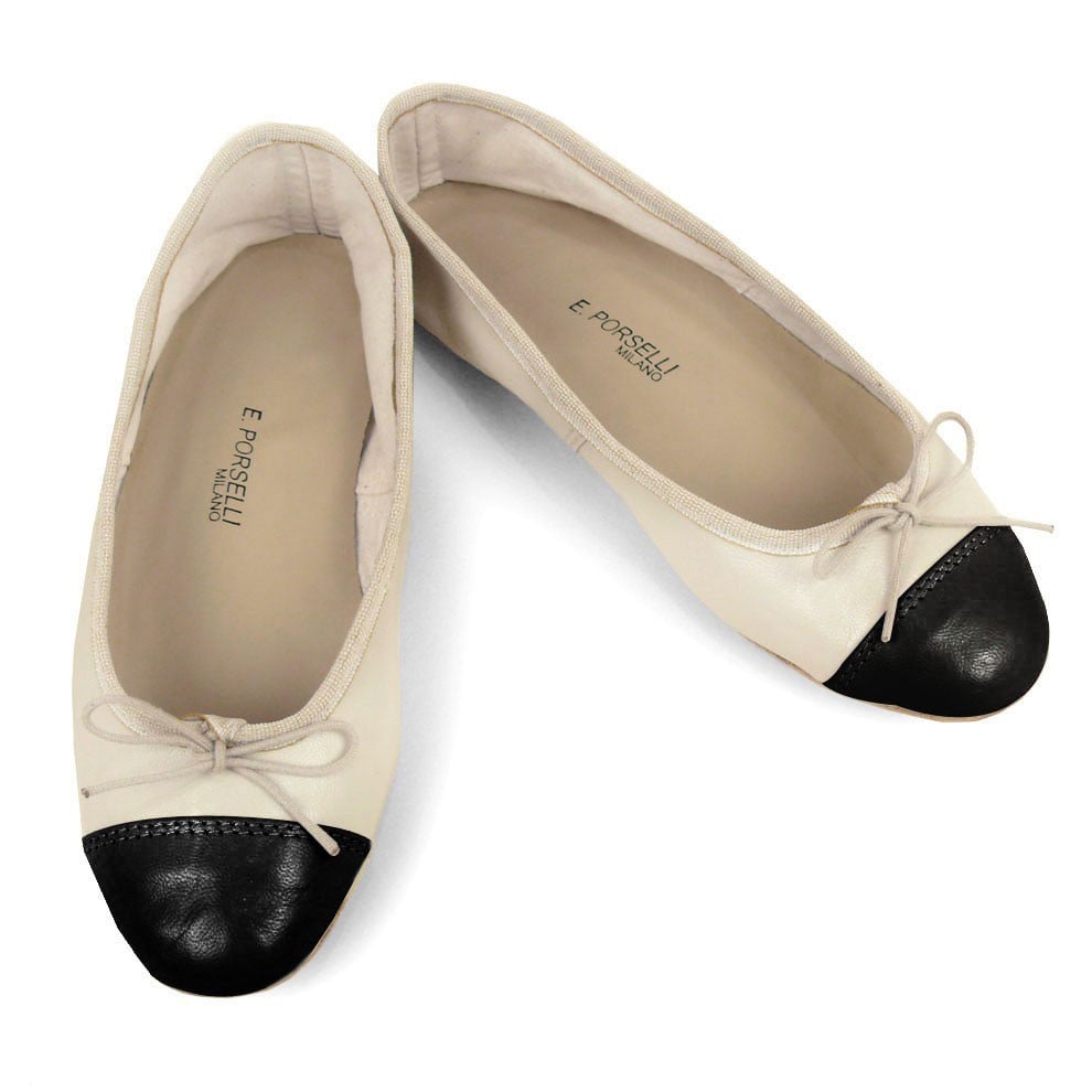 Porselli Handmade Ballet Flat Shoes - Bone With Black Cap Toe Porselli