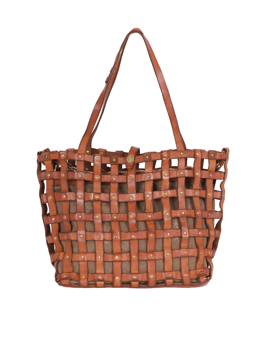 Tote Shopper Bag Leather Cage Weave VALERIA Cognac