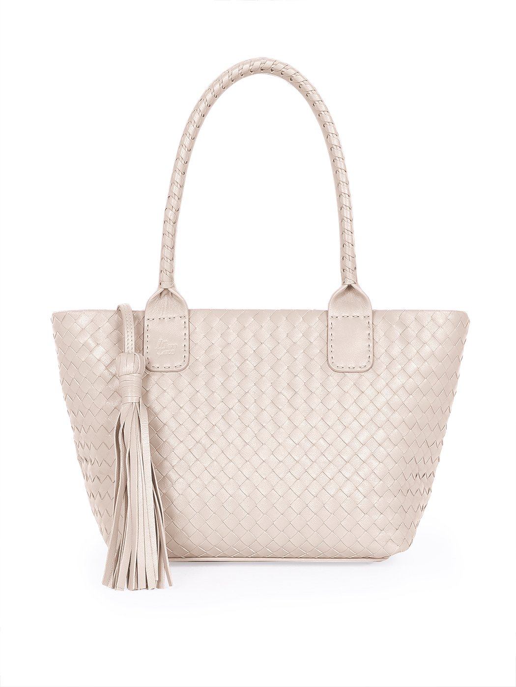 Large Top Handle Woven Leather Shoulder Tote Beige