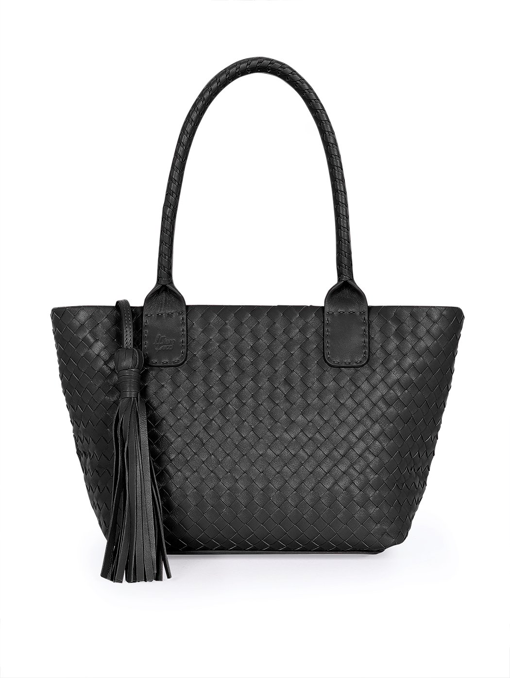 Large Top Handle Woven Leather Shoulder Tote Black