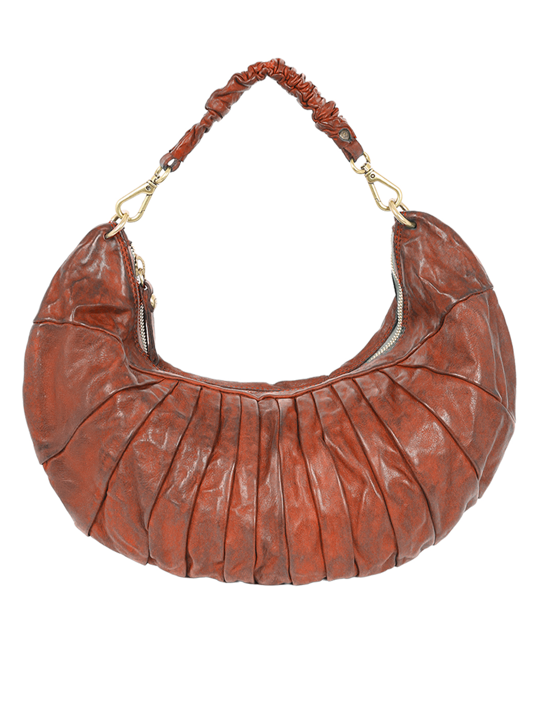 Grand Shoulder Bag Pleated Cowhide Crescent LUNA Cognac