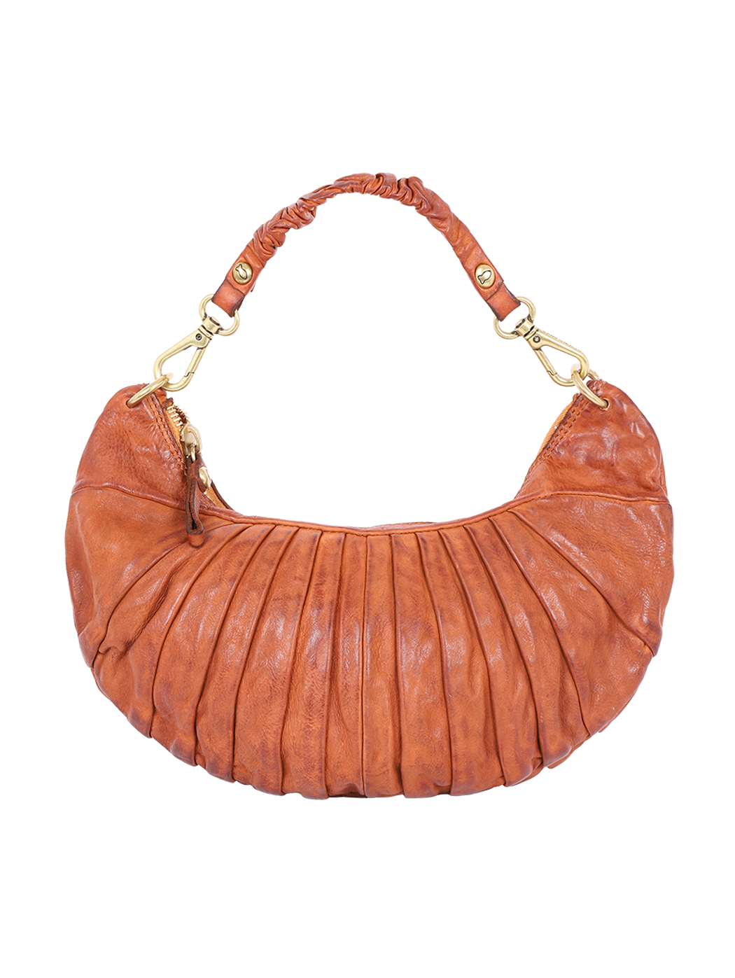 Midi Shoulder Bag Pleated Cowhide LUNA Crescent Cognac