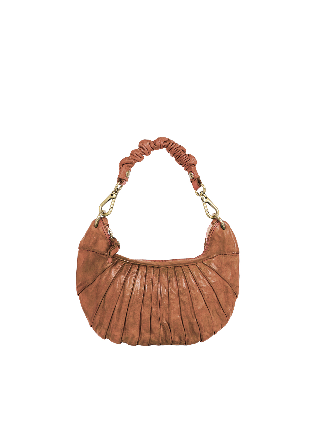 Mini Shoulder Bag Pleated Cowhide Crescent LUNA Cognac