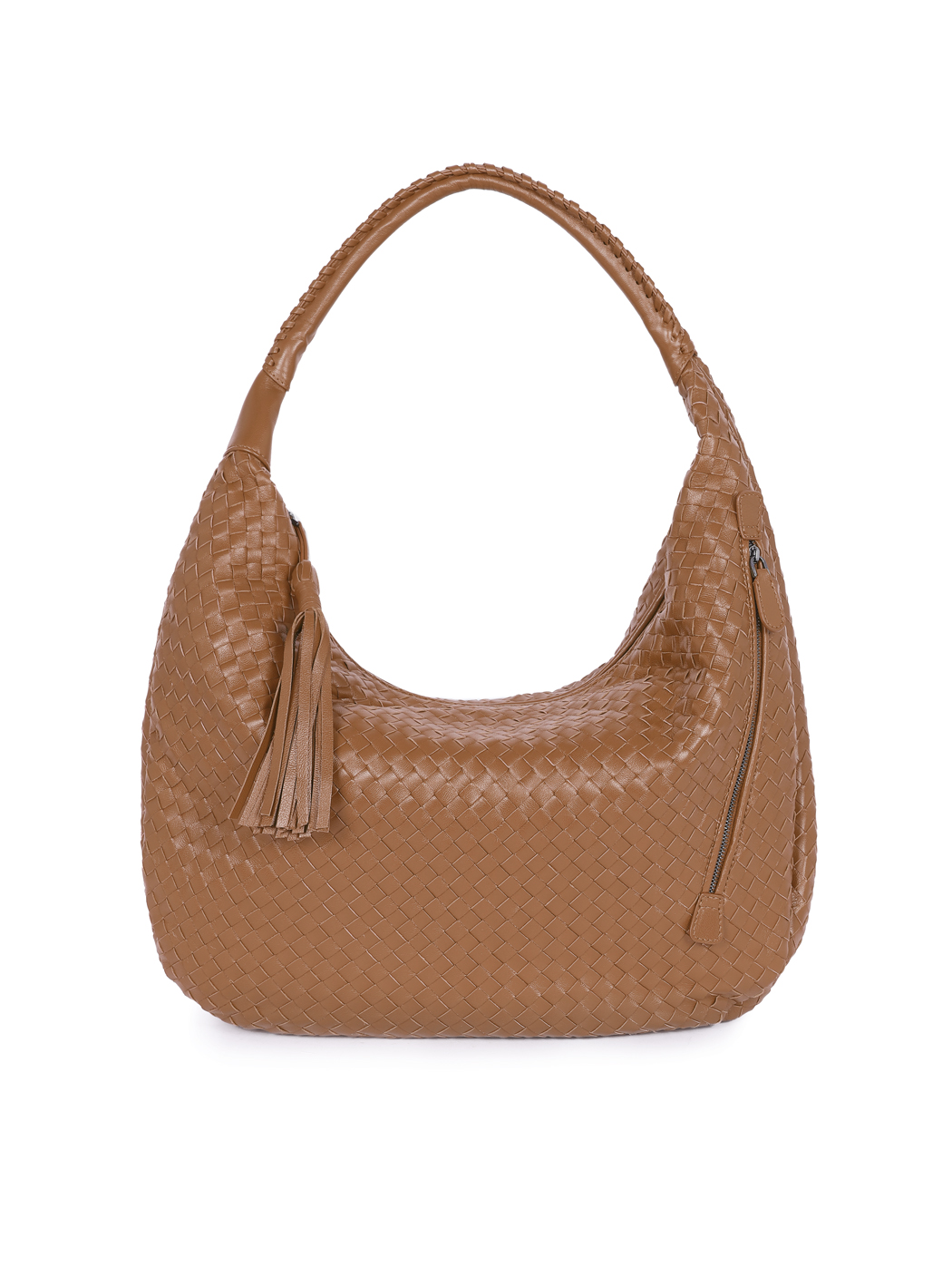 Large Hobo Intrecciato Weave Leather Bag Tan
