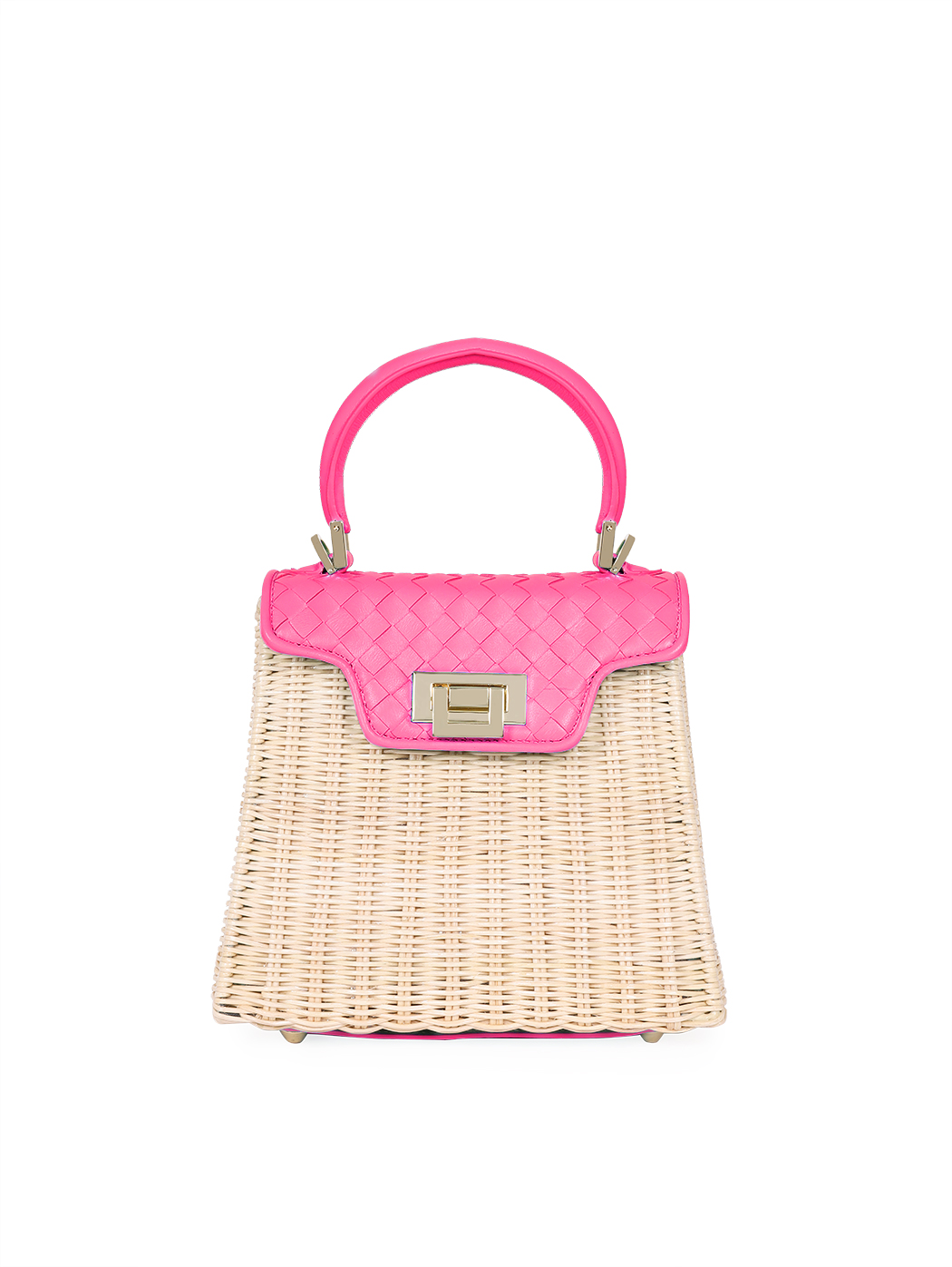 Wicker and Leather Woven Top Handle Box Bag Fuchsia
