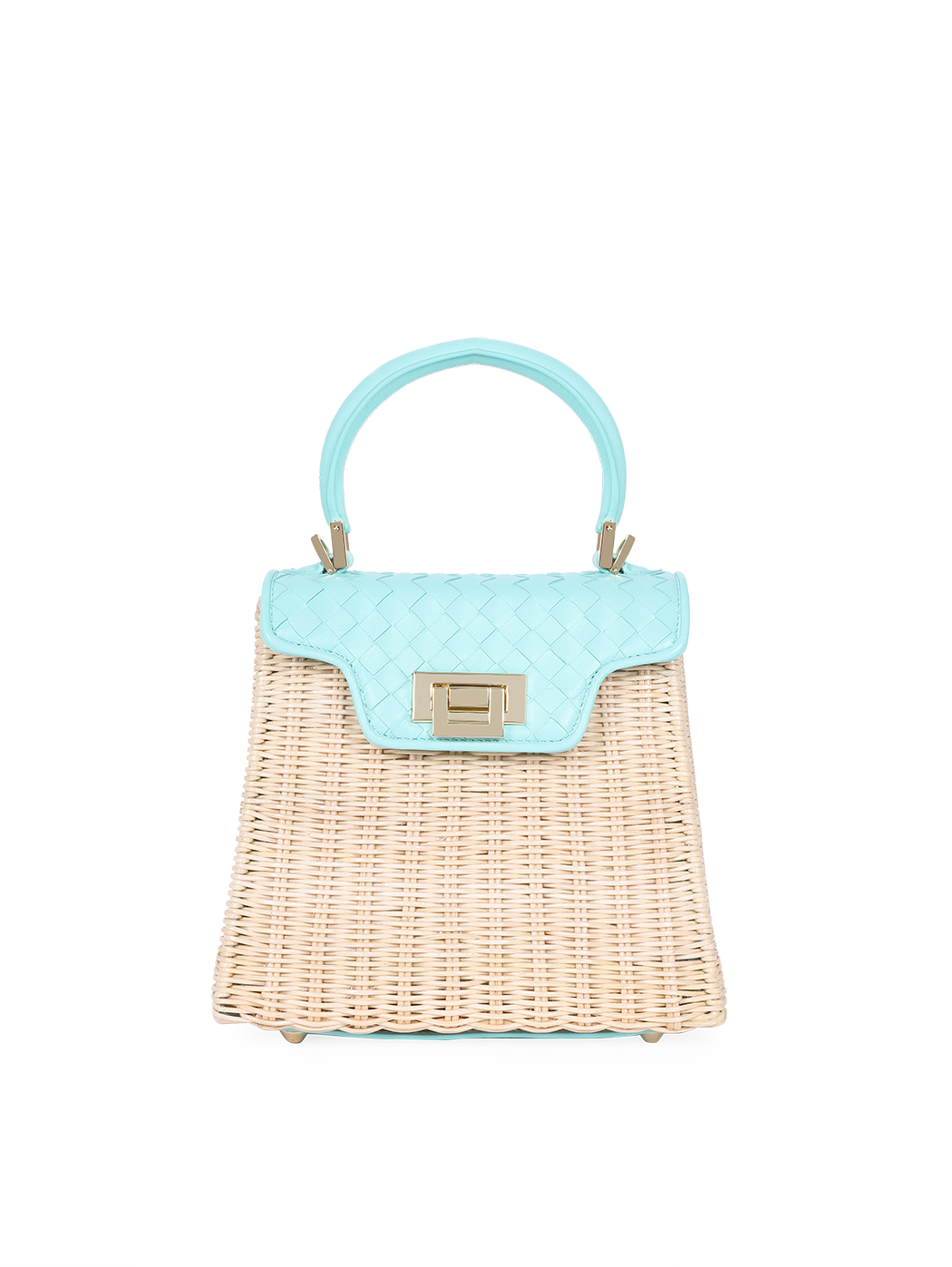 Wicker and Leather Woven Top Handle Box Bag Aqua Blue