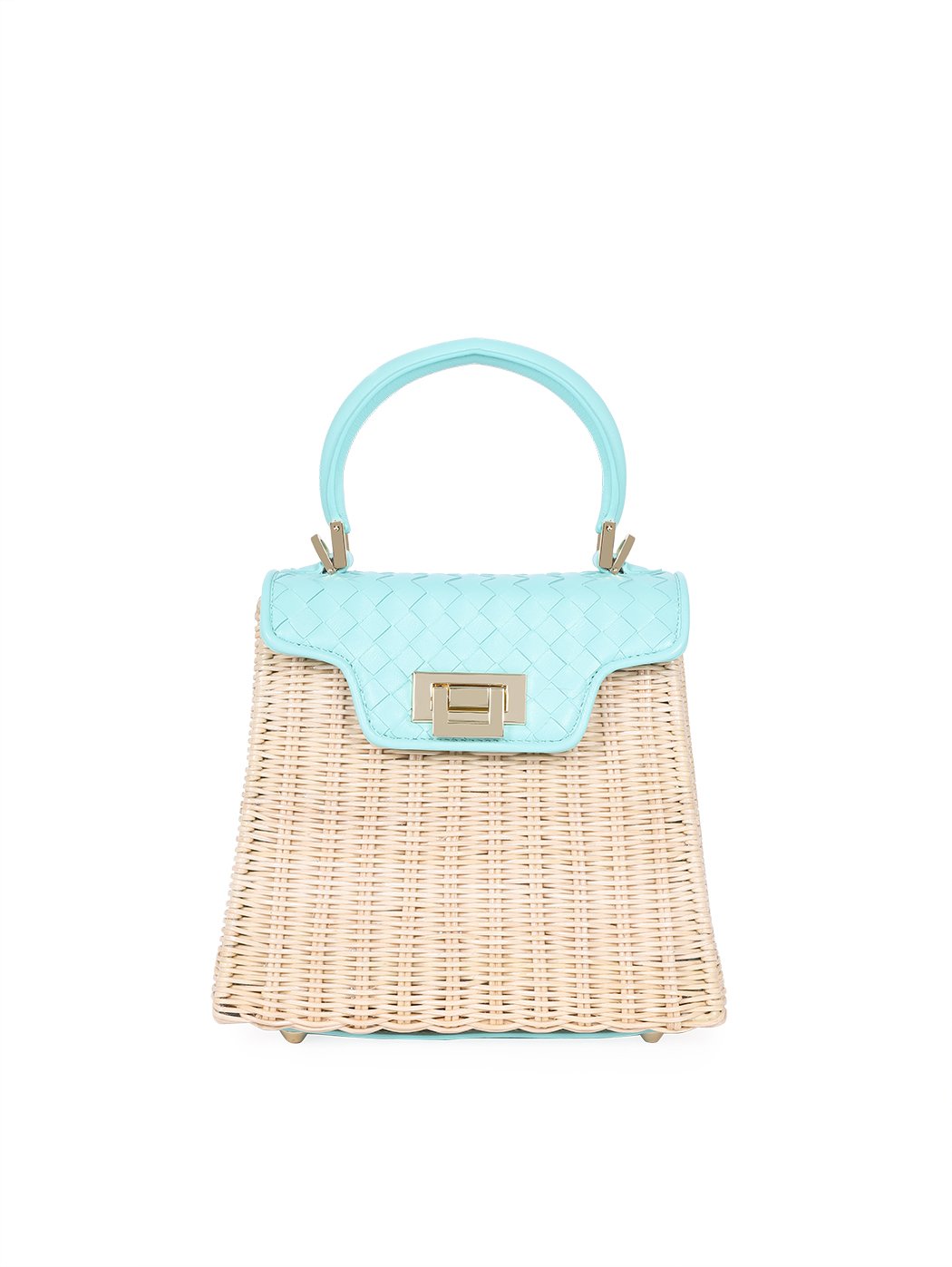 Wicker and Leather Woven Top Handle Box Bag Aqua Blue