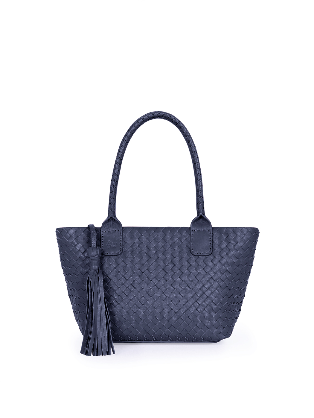 Medium Top Handle Woven Leather Shoulder Tote Navy Blue