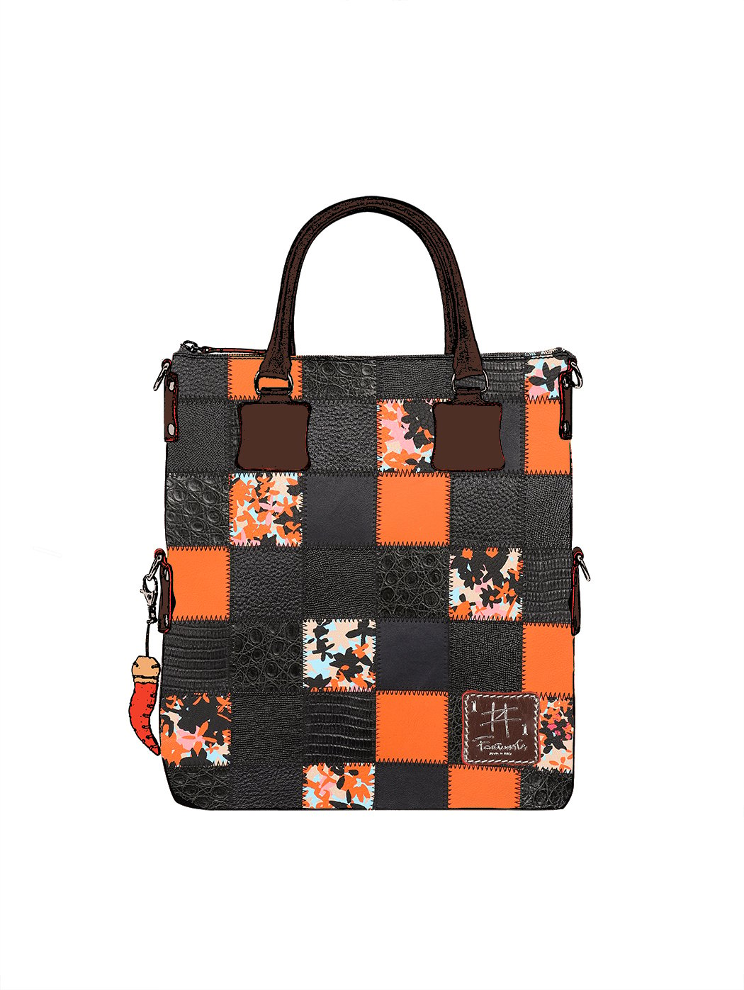 Дизайнерская сумка из коллекции Fortunata в стиле пэчворк черно - оранжевого цвета