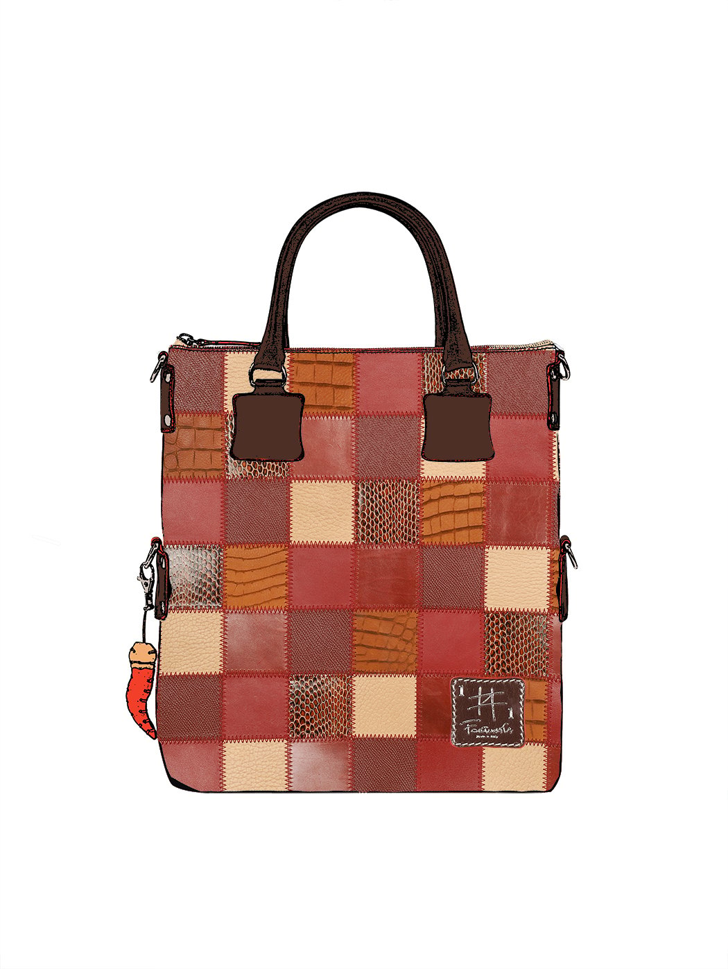 Дизайнерская сумка из коллекции Fortunata в стиле пэчворк красно - коричневого цвета