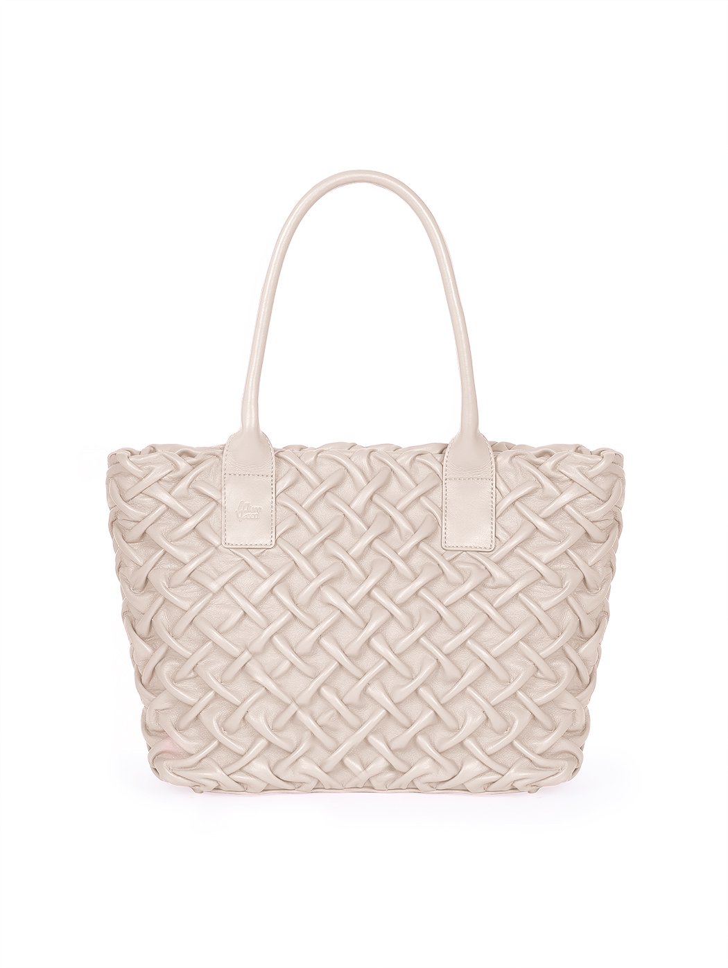 Quilted Weave Leather Satchel Tote Bag Beige