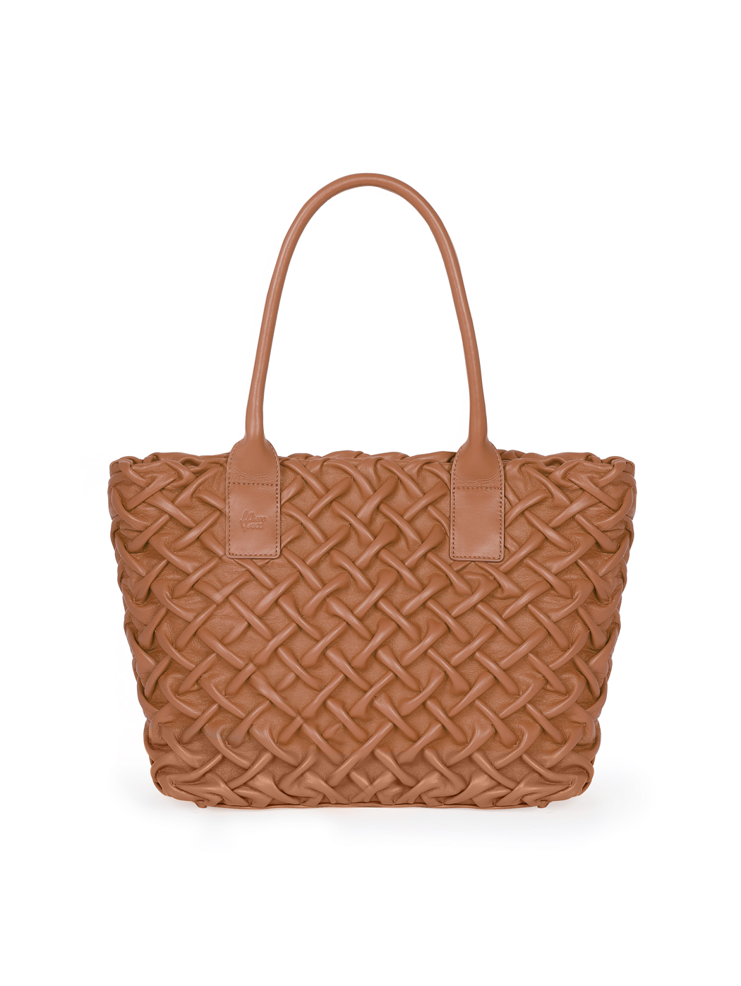 Smocked Weave Leather Satchel Tote Bag Tan
