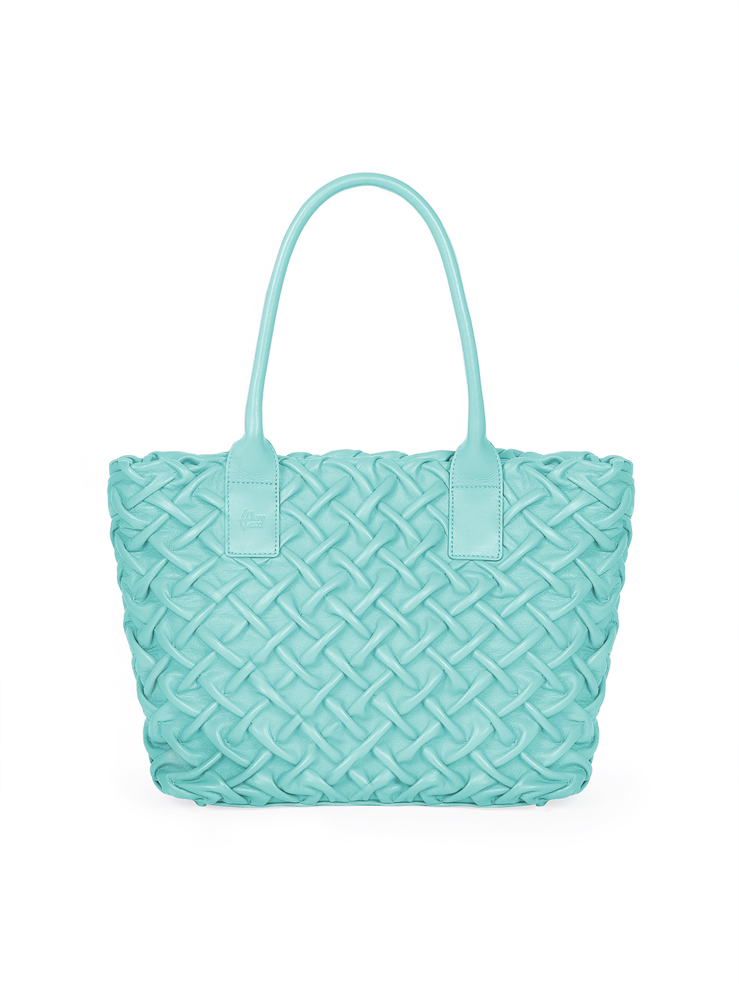 Quilted Weave Leather Satchel Tote Bag Aqua Blue