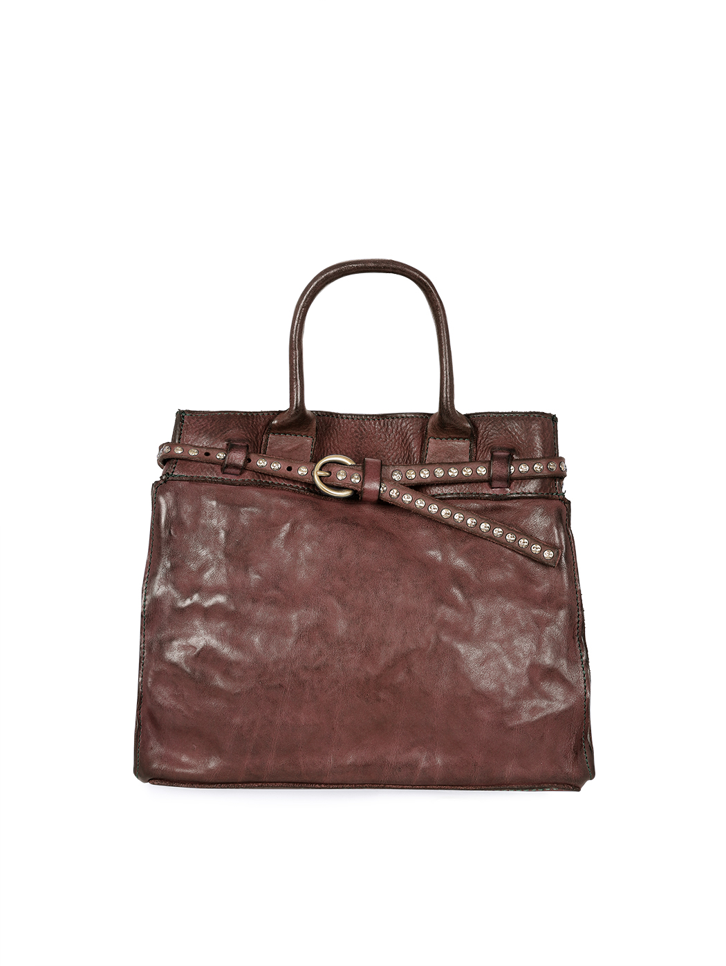 Belted Top Handle Cowhide Leather Bag Dark Brown