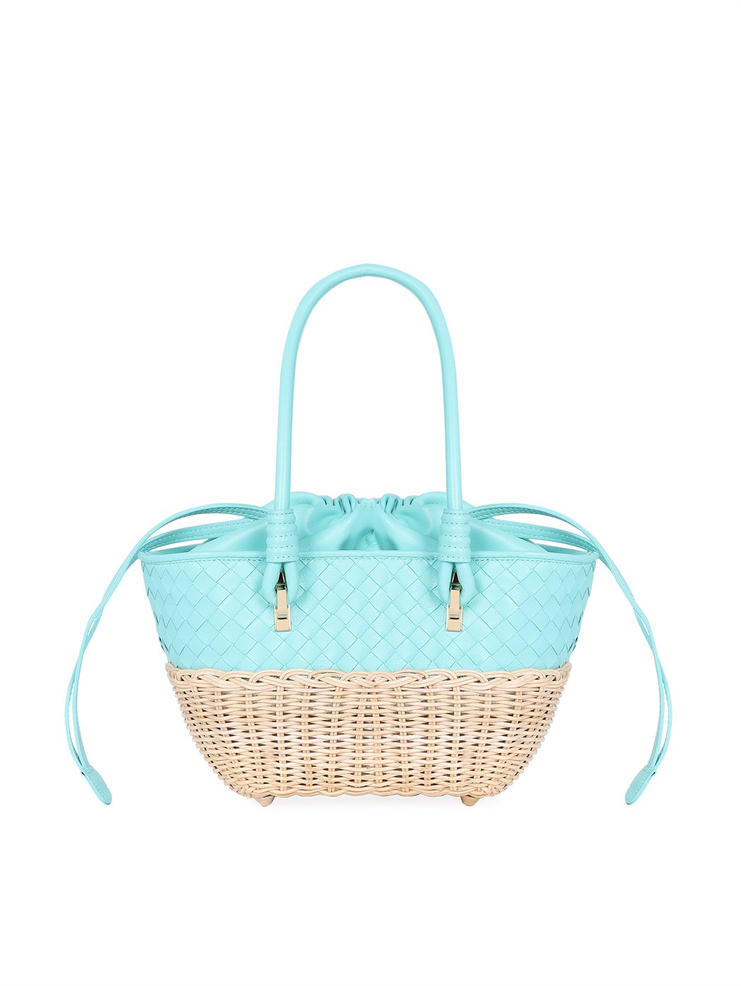Wicker and Leather Drawstring Basket Bag Aqua Blue