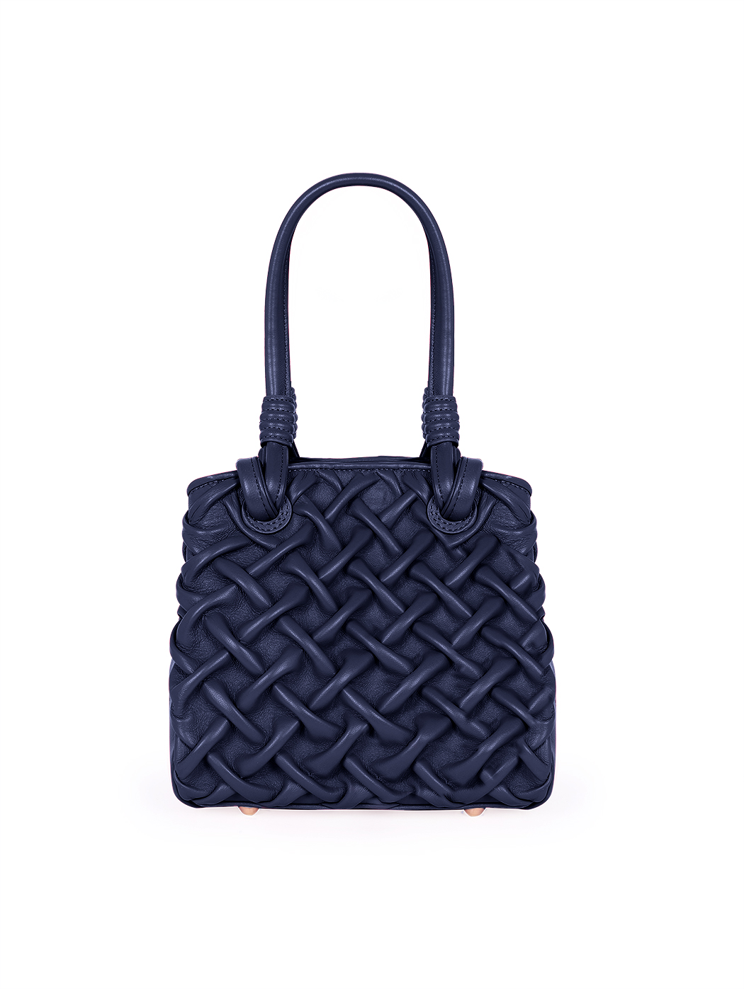 Top Handle Smocked Stitch Small Leather Bag Navy Blue