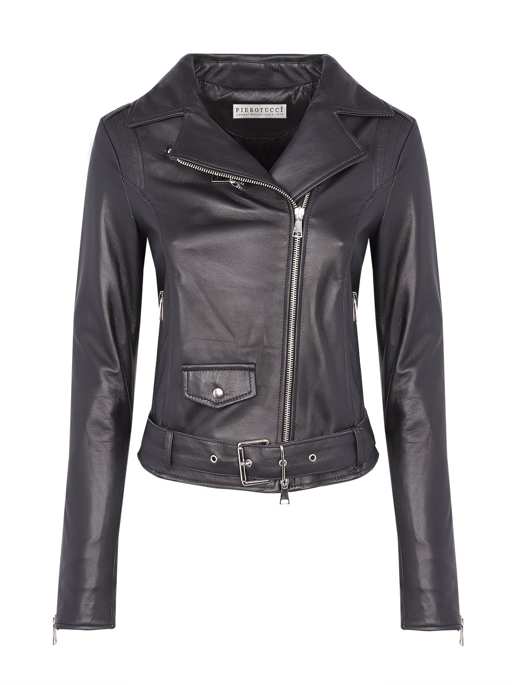 Black leather biker jacket with belt 