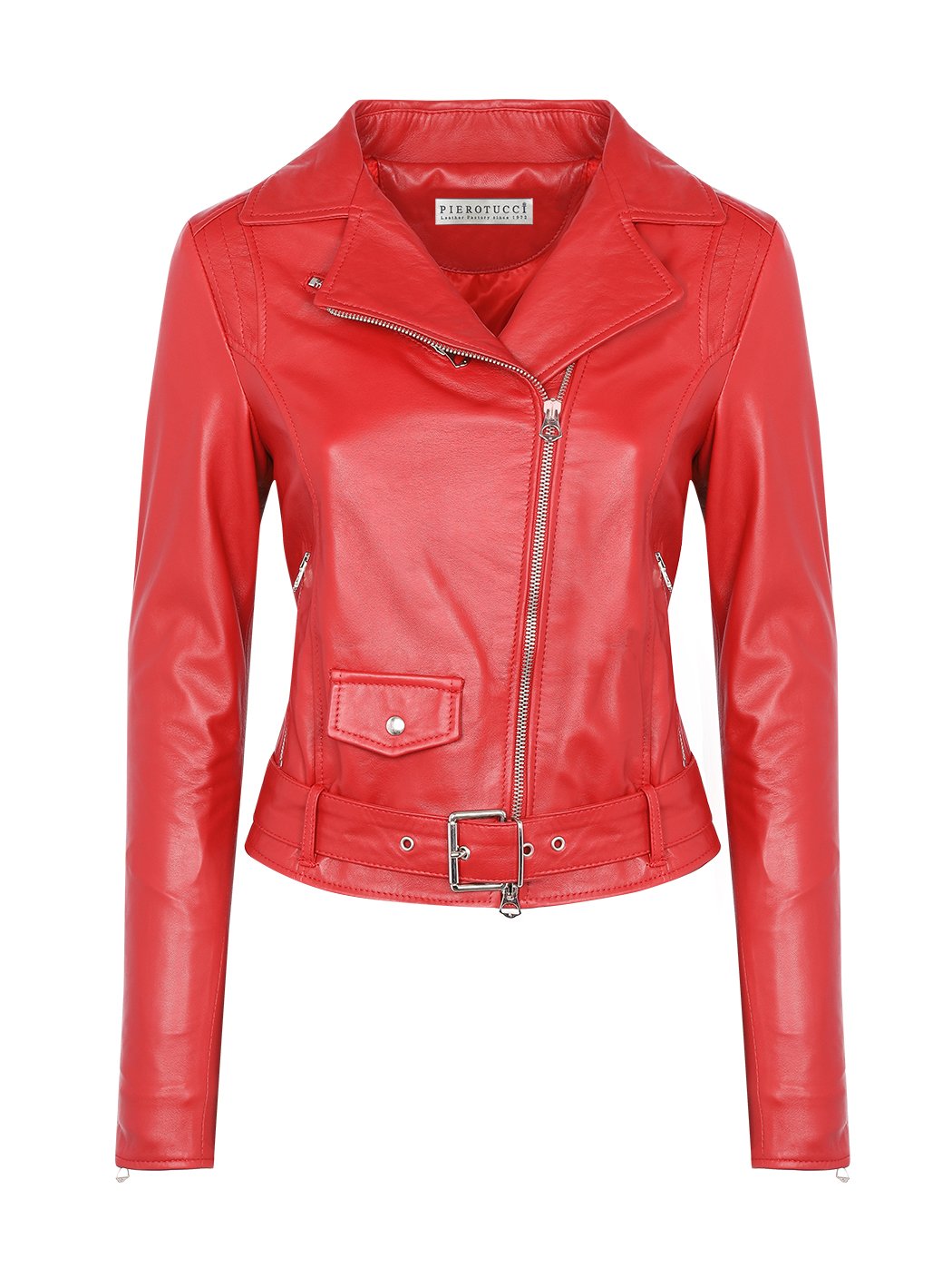 Red leather biker jacket with belt 