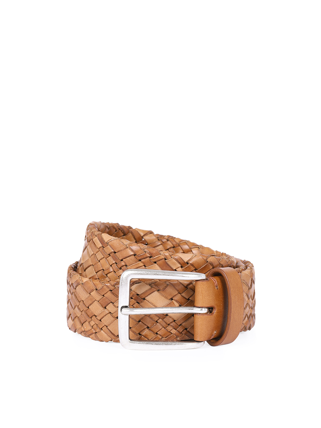 Woven Leather Belt Brass Buckle 35mm Cuoio