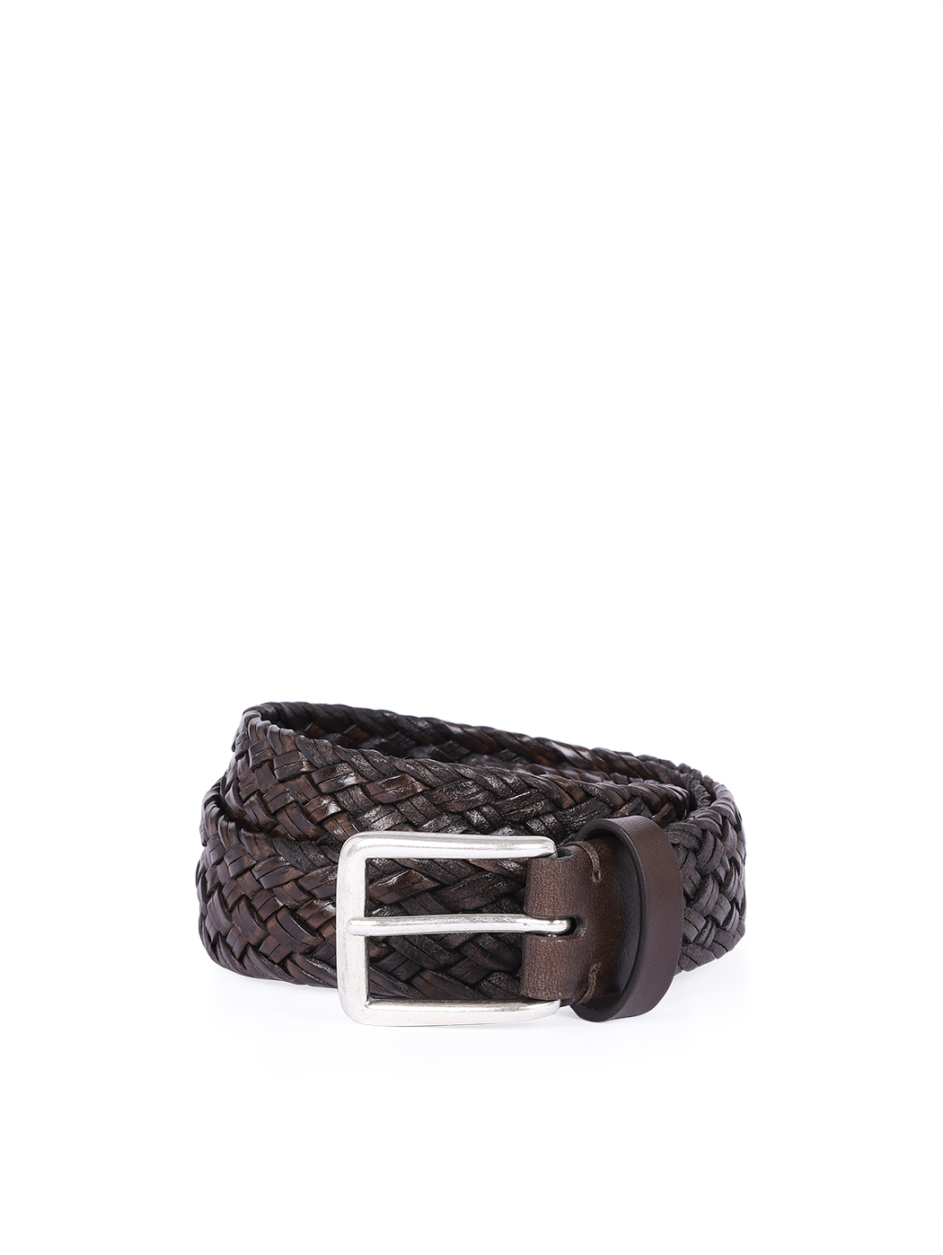 Woven Leather Belt Brass Buckle 35mm Caffè