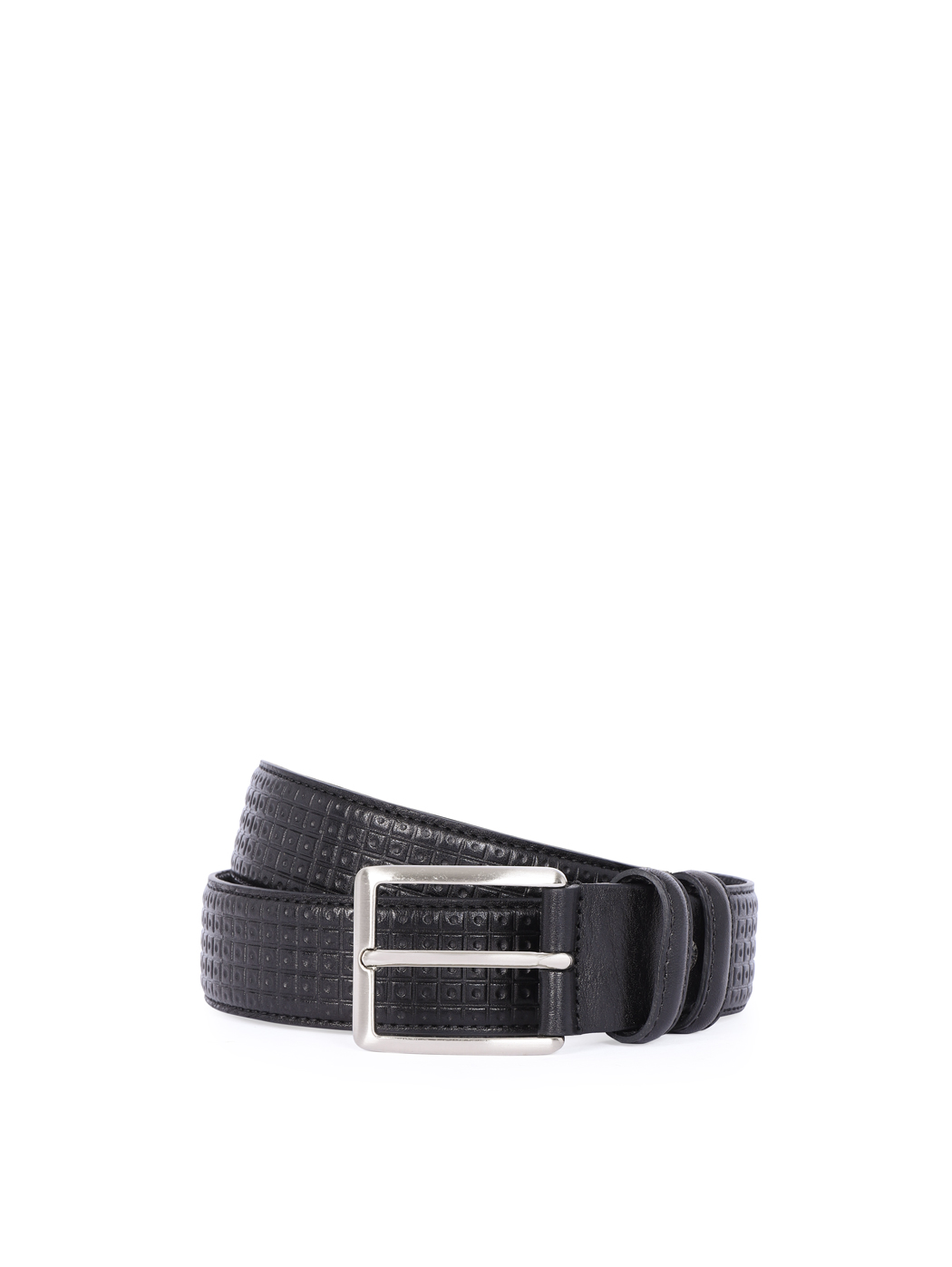Stamped Motif Fine Leather Belt Black