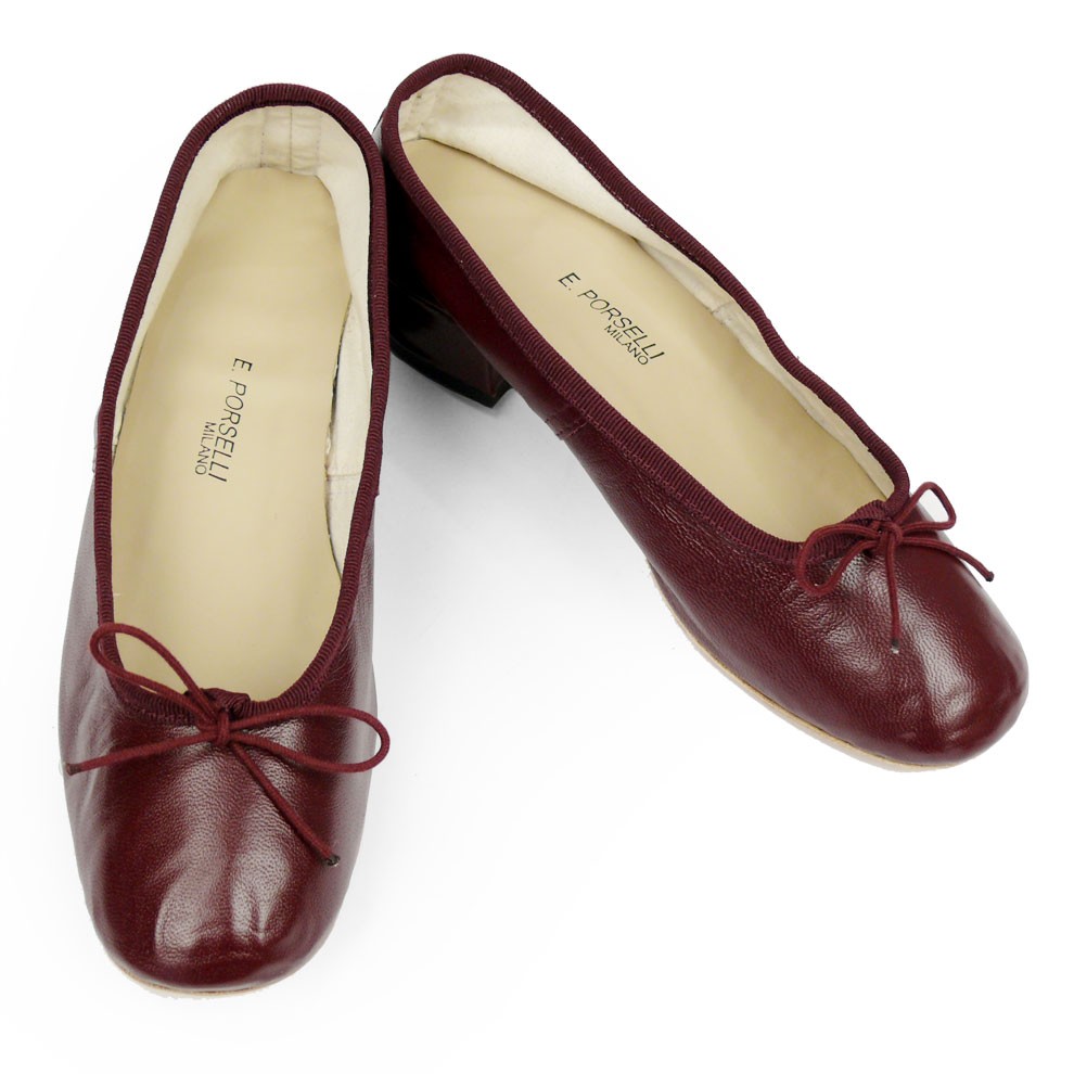 E.Porselli 酒红色羊皮3cm低跟芭蕾舞鞋 08-深红色