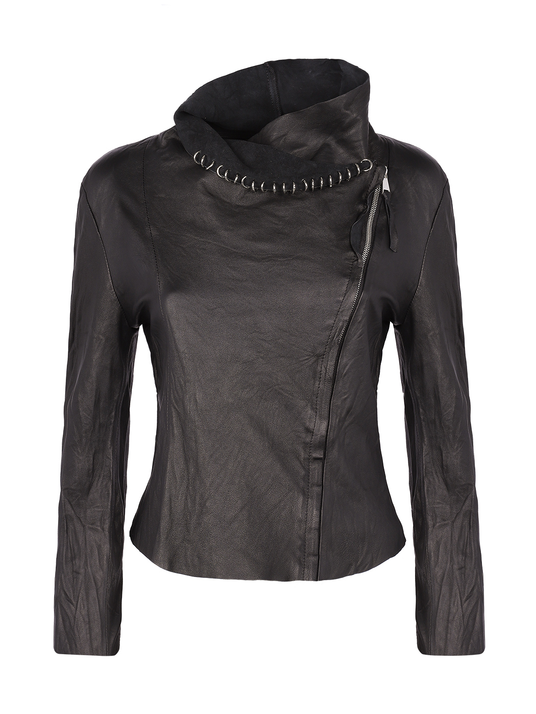 Black asymmetrical leather jacket with studs