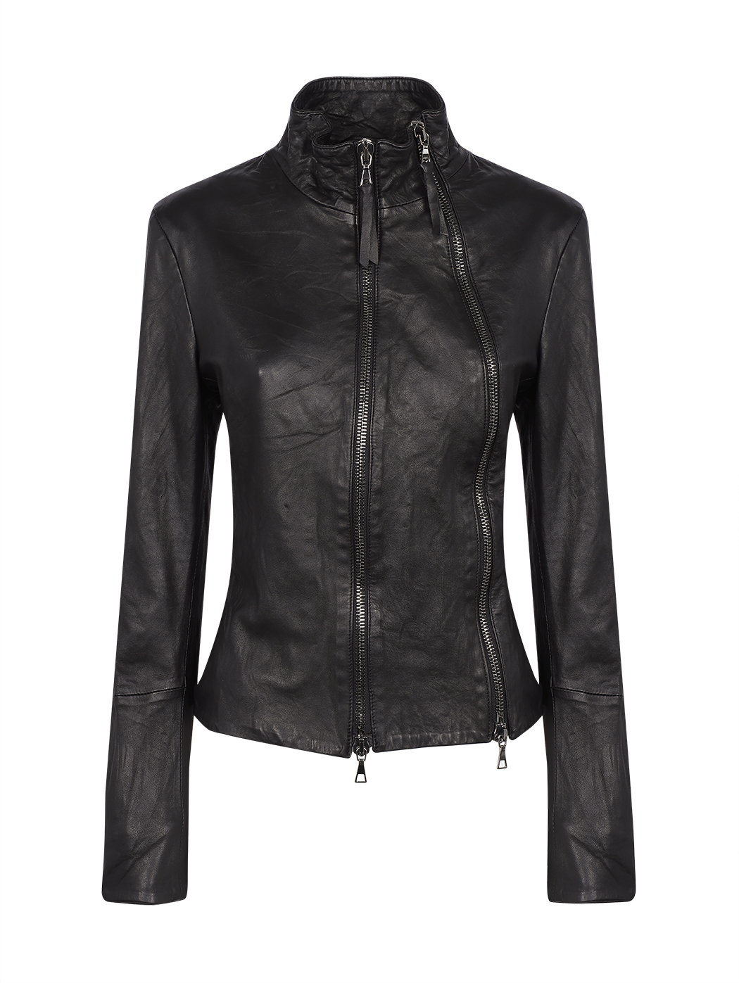 Double Zip Biker Form-fitting Leather Jacket Black