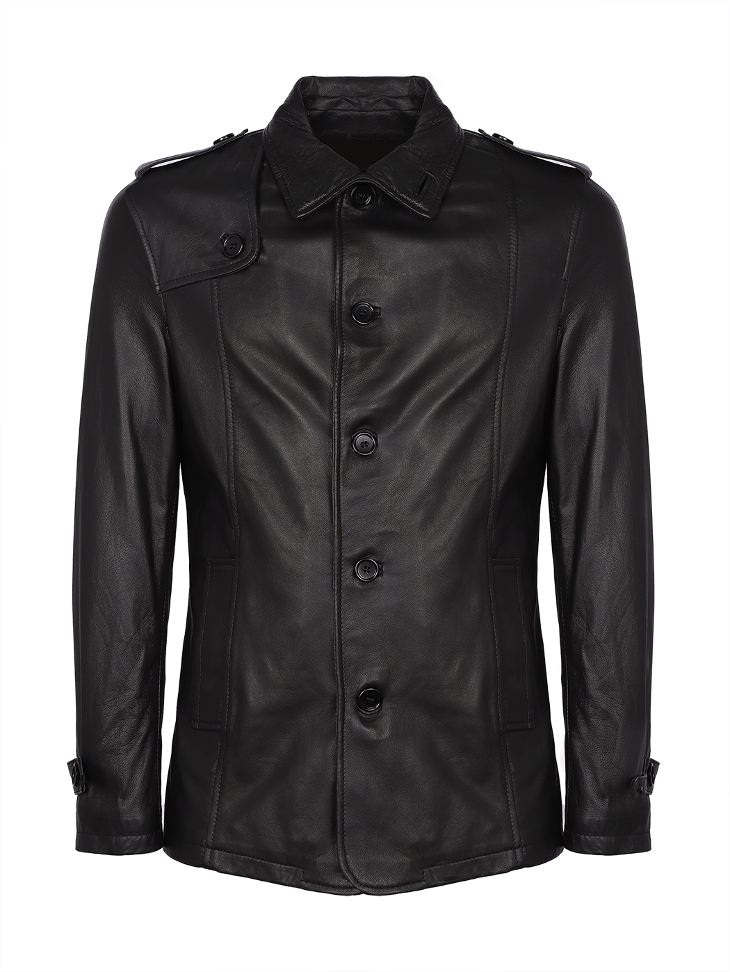 Button-down Lightweight Leather Trench Jacket Black