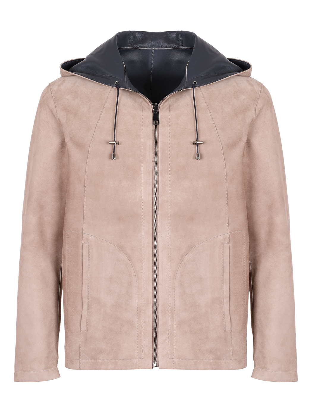 Double-faced Hooded Suede Leather Jacket Taupe/Blue