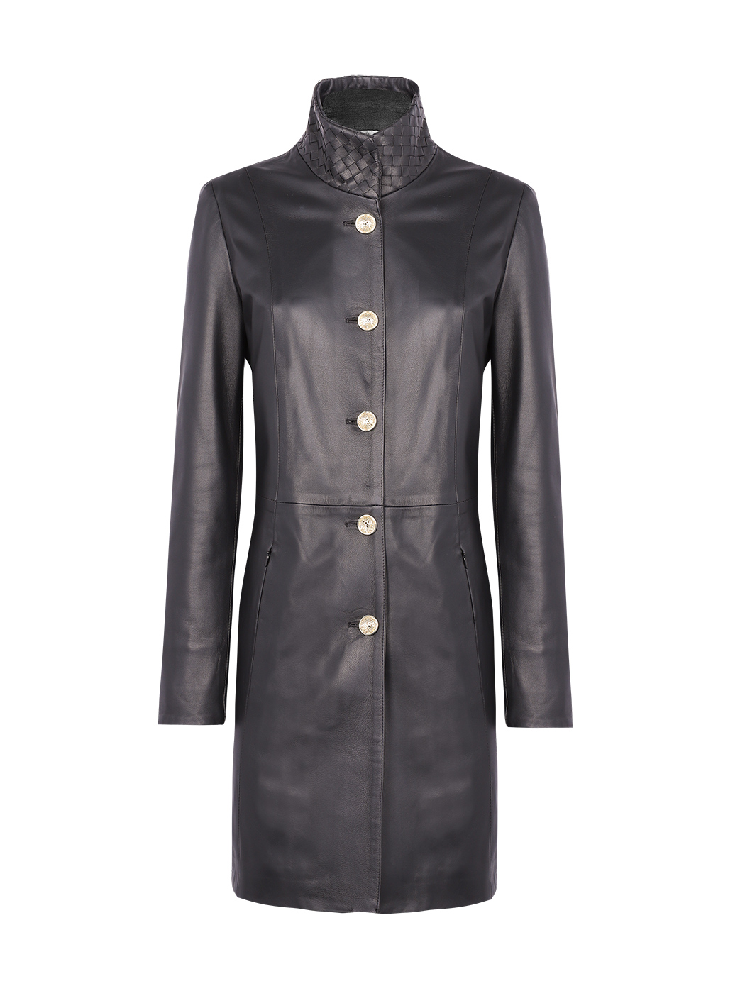 Leather trench coat with braided collar