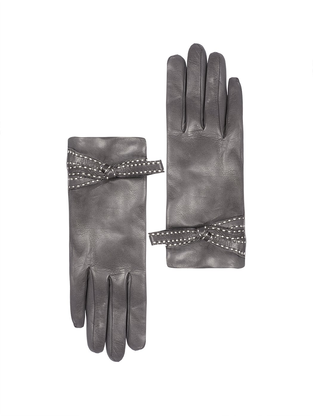 Кожаные перчатки с декоративным бантом серого цвета
