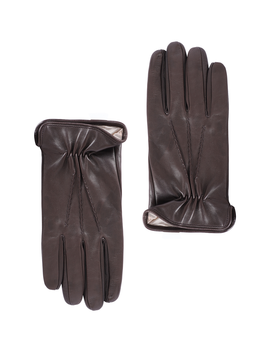 Three-Point Elasticized Lambskin & Silk Gloves Dark Brown