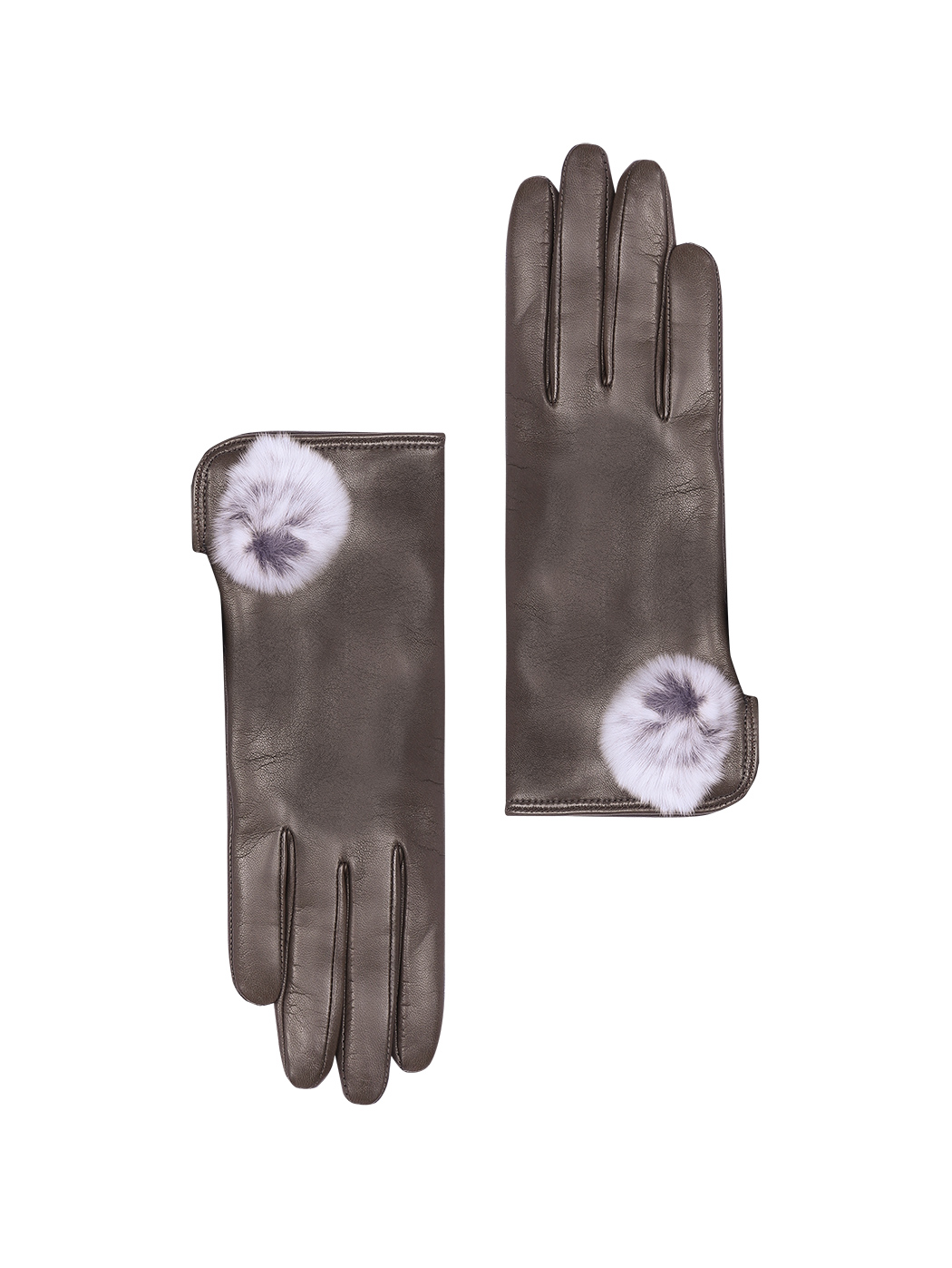 Кожаные перчатки с помпоном из натурального меха коричневого цвета
