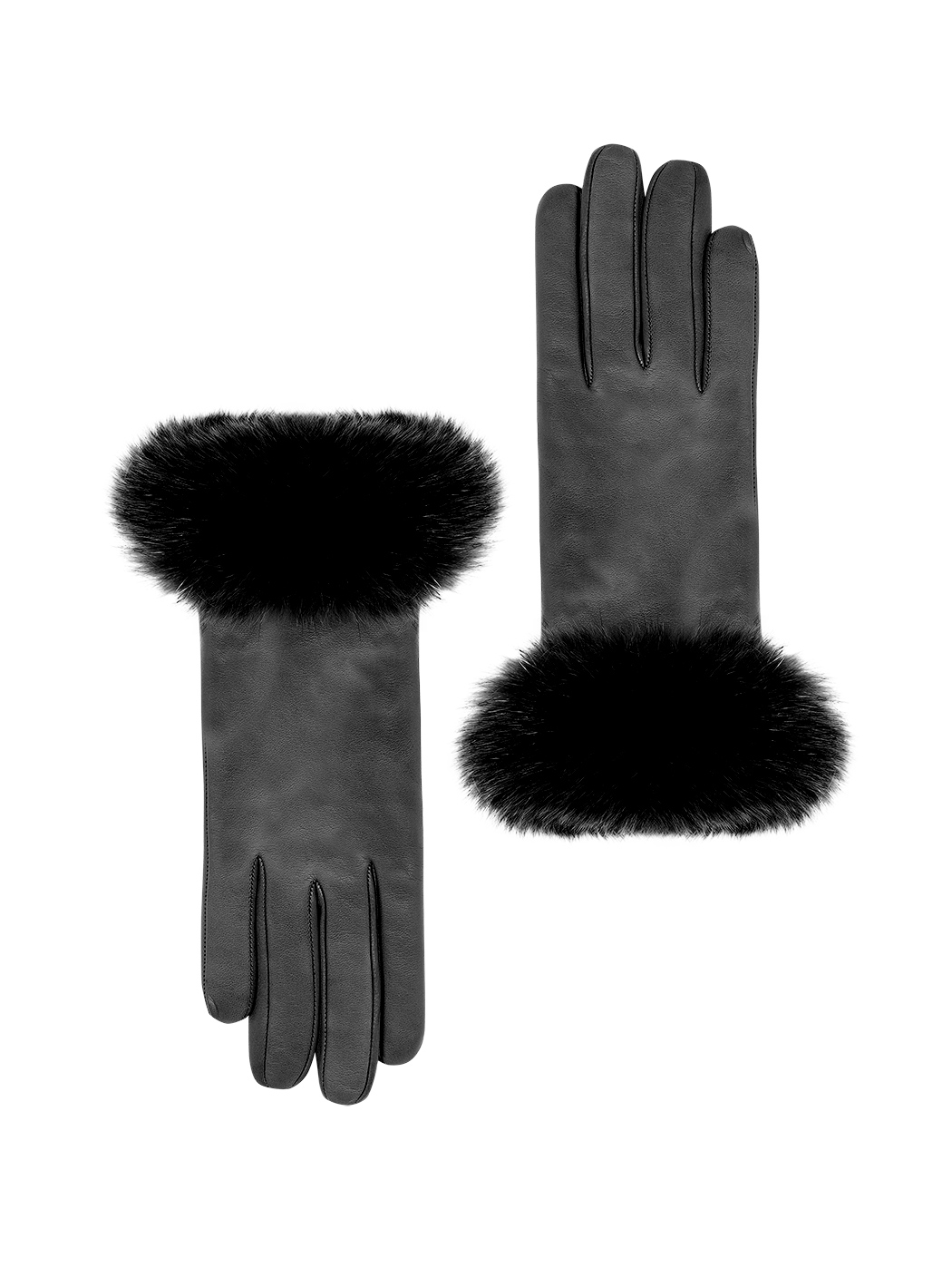 Кожаные перчатки с манжетами из лисьего меха черного цвета