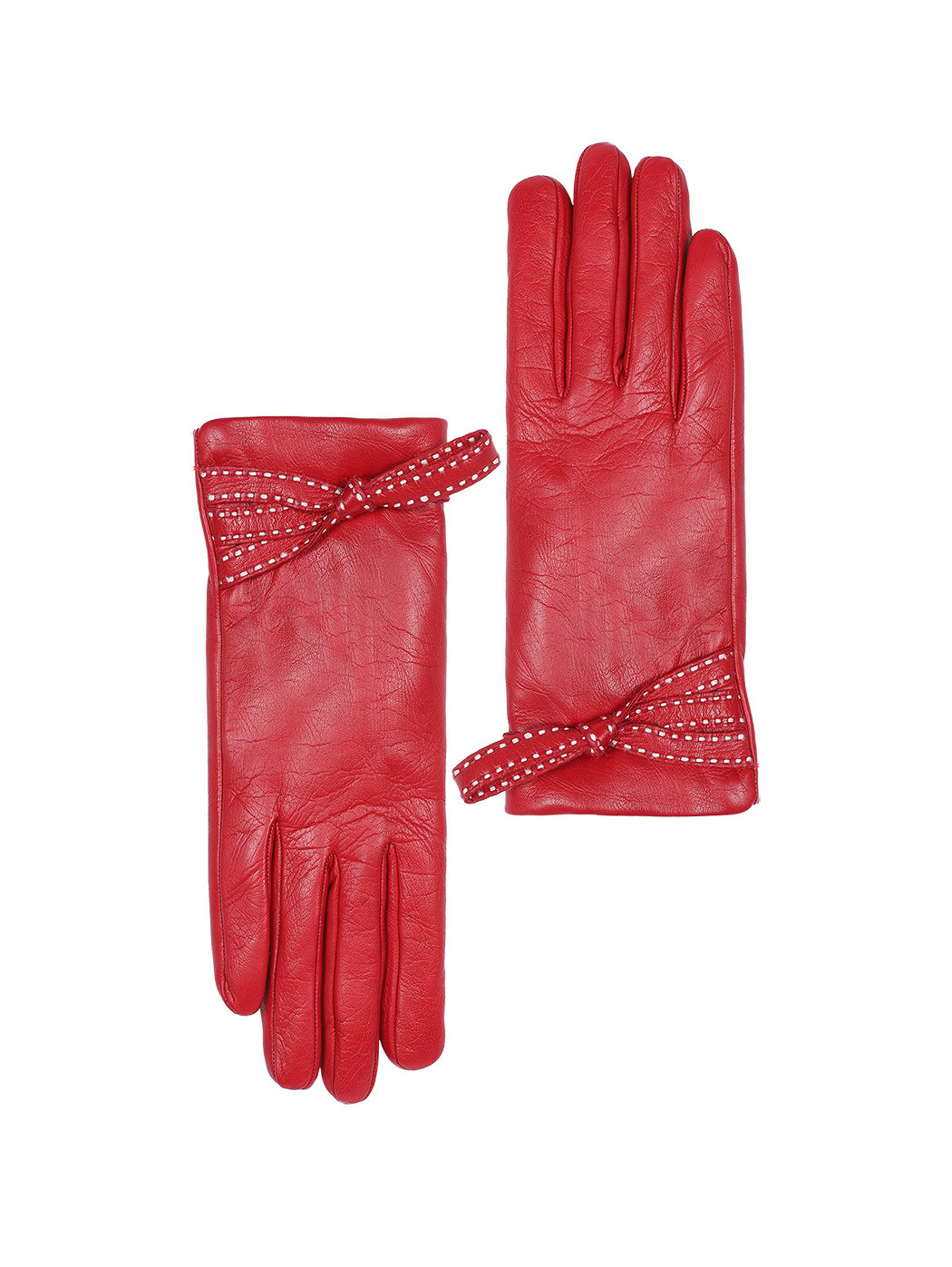 Кожаные перчатки с декоративным бантом рубинового цвета