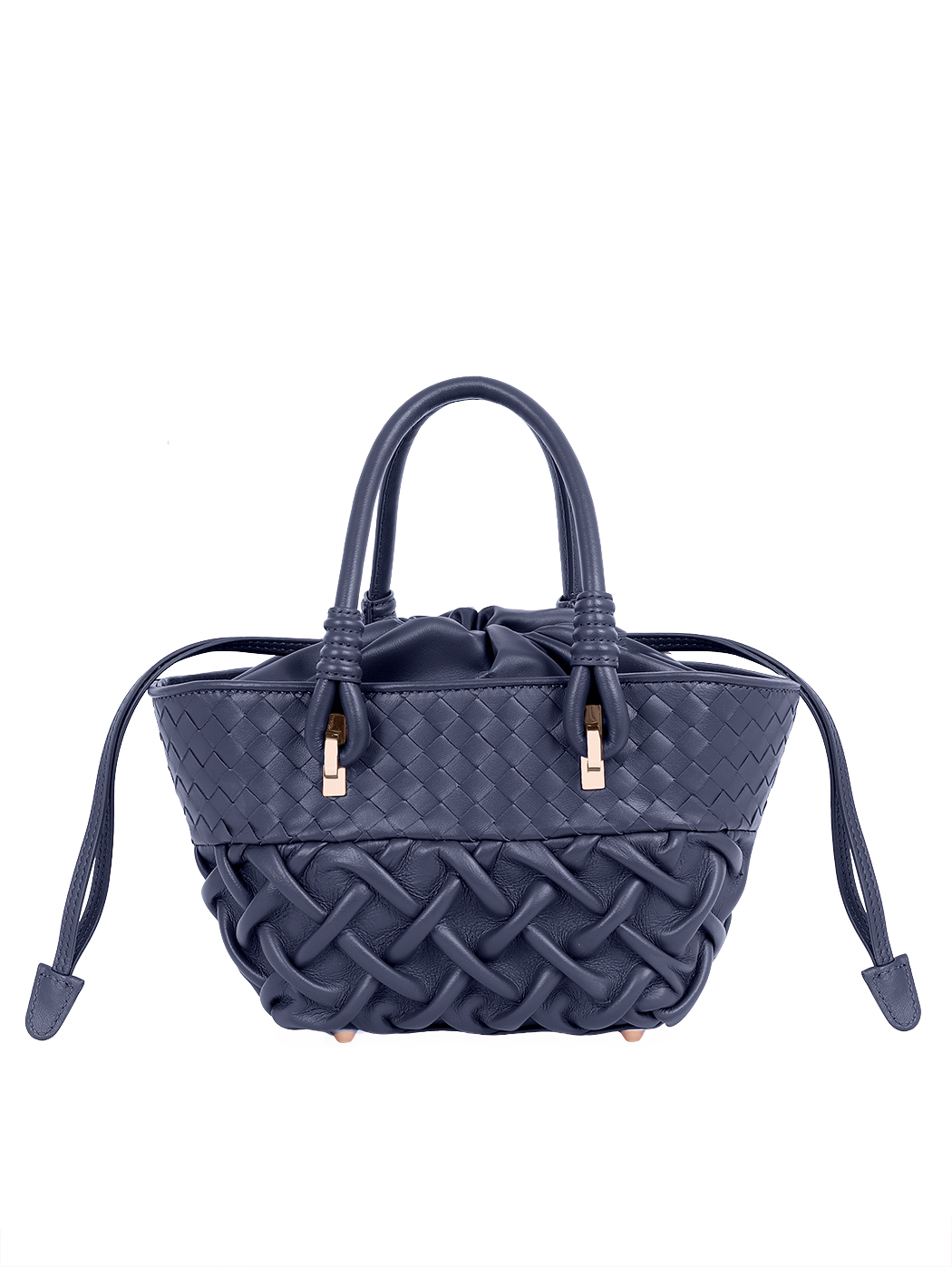Woven Leather Drawstring Bucket Basket Bag Navy Blue