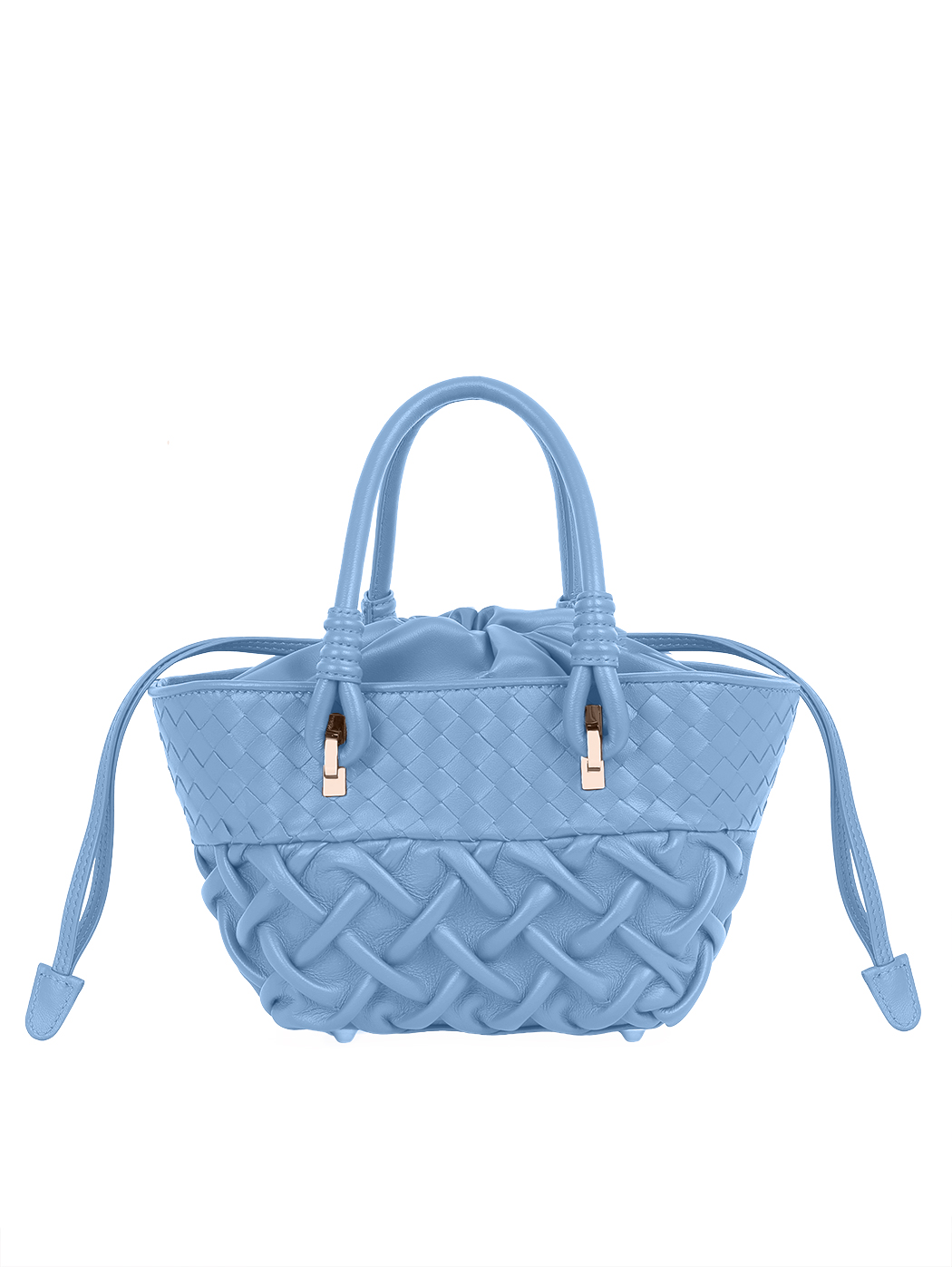 Woven Leather Drawstring Bucket Basket Bag Sky Blue