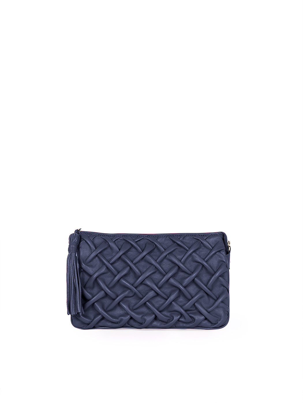 Pochette con tracolla in pelle intrecciata blu