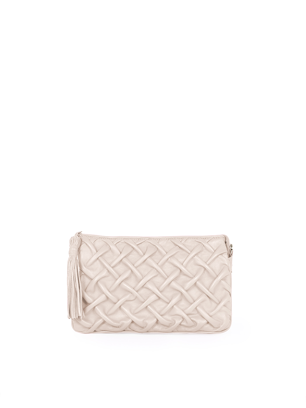 Quilted Puffer Weave Leather Accordian Crossbody Bag Beige