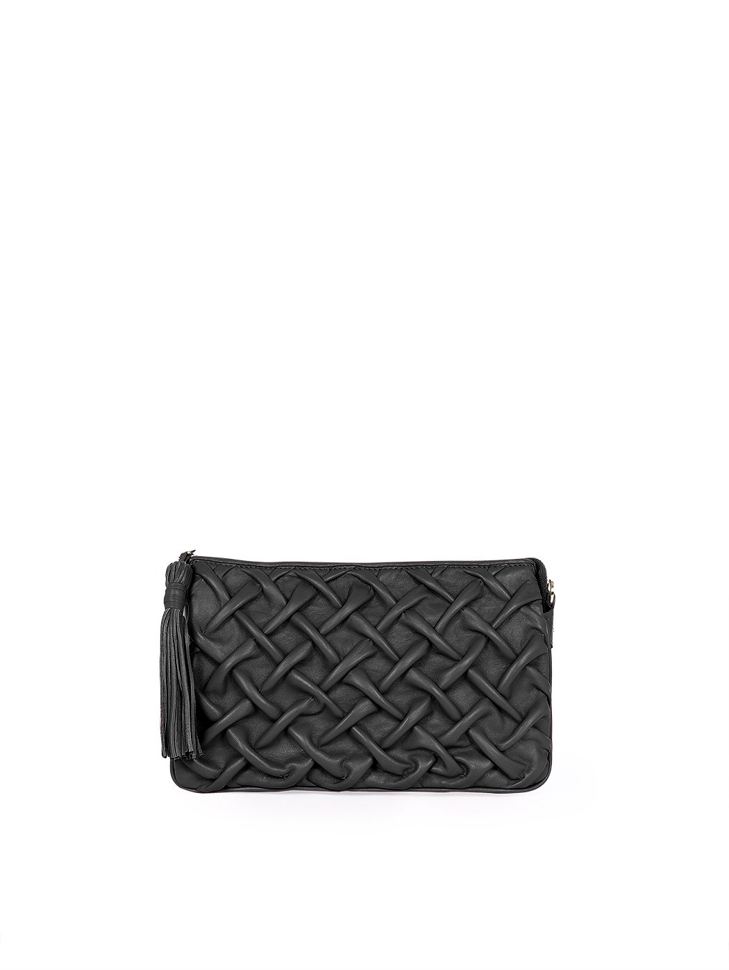 Quilted Puffer Weave Leather Accordion Crossbody Bag Black