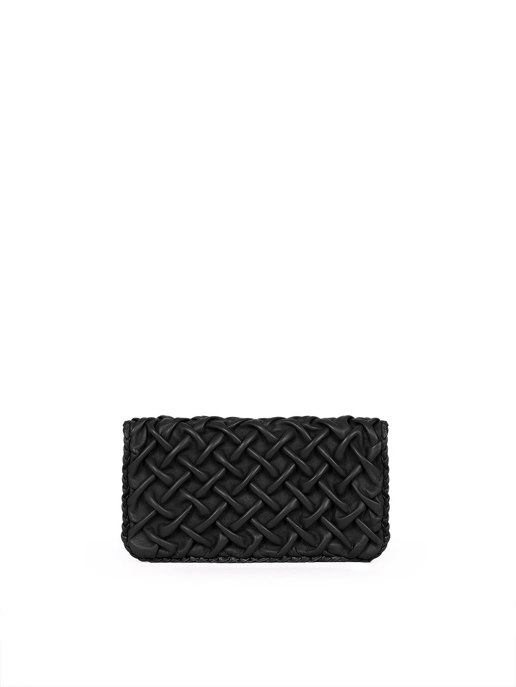 Foldover Crossbody Quilted Weave Clutch Leather Black